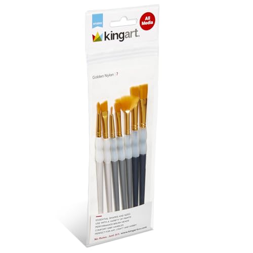 KINGART 7-Piece Studio Golden Nylon Artist Brush Collection with Zippered Carrying Case – Versatile Synthetic Paint Brushes for Acrylic, Watercolor, Oil, Tempera, Gouache, and Face Painting DIY