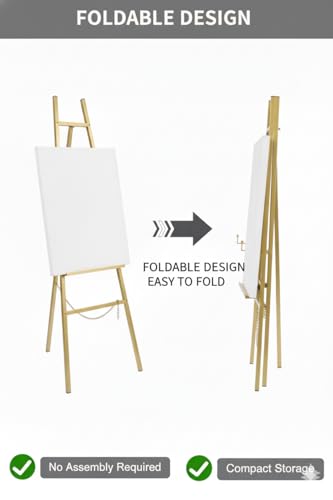 Gold Metal Easel Stand, Adjustable Floor Display Stand for Signs, Art, Mirrors, Posters, Foldable and Portable for Wedding, Home and Event Decor (Gold)