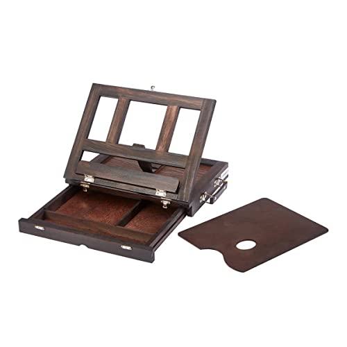 KINGART Adjustable Wood Espresso Stained Desk Table Easel with Storage Drawer, Paint Palette, Portable Wooden Artist Desktop, Painting, Drawing Sketching Book StandE