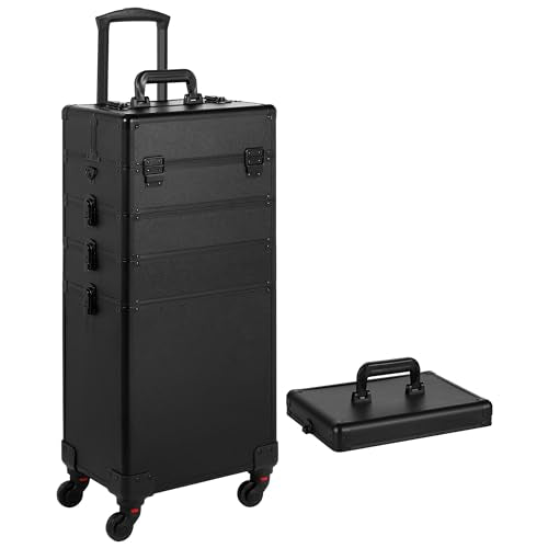 Somduy Rolling Makeup Case, Makeup Train Case with Lid, 5 in 1 Cosmetology Case on Wheels, Christmas Gift, Large Makeup Organizers, Profesional Cosmetic Case for Salon Barber, Black - color: Black