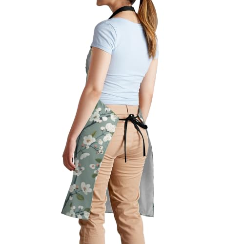 Cream Pastel Wildflower Art Waterproof Apron with Pockets | Garden Aprons for Men Women Adjustable Bib Apron for Cooking Kitchen Baking BBQ Painting Housework Oil Resistant - color: Sage White Blossom