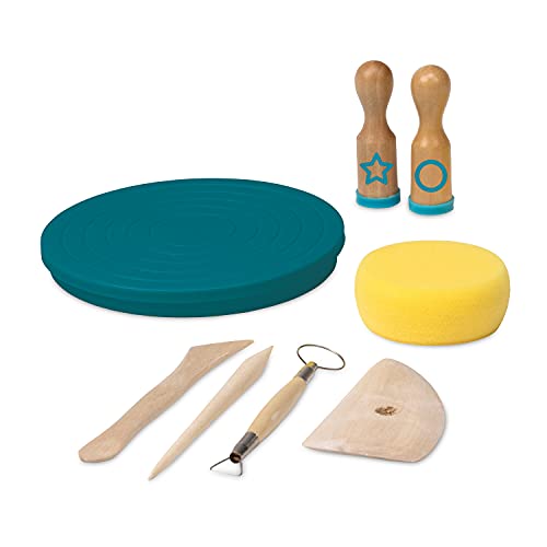 MindWare Beginner Pottery Tool Kit for Kids - 8 Piece Set Includes Hand Wheel, Sponge, Rib, Molding Tools and More