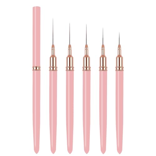5PCS Liner Brushes for Nails, Nail Art Liner Brushes Set, 6/9/12/15/18mm Thin Detail Brush for Long Lines & Fine Drawing, UV Gel Polish Painting Nail Design Tools - Pink - color: Pink