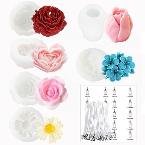 6 Pcs Flower Candle Resin Mold 3D Heart Rose Daisy Peony Tulip Silicone Mold for Candle Soap Chocolate Resin Making Silicone Mold Rosas Silicona para Velas Valentine Day Gift - color: 6 Pcs Flower Mold Set