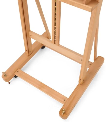 Wooden Studio Easel with Wheels, H Frame, Adjustable Holders for Canvases up to 60"h, Accessories Tray (Beech Wood)