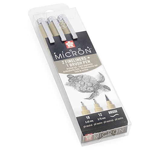 Sakura Pigma Micron - Pigment Fineliner Pens - 10/12/Brush - Wallet of 3 - Black Ink