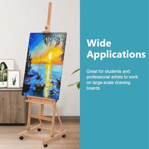 H-Frame Studio Easel, Beechwood Artist Easel with Wheels and Storage Tray, Adjustable Floor Easel Stand Holding Canvas up to 51Inches for Painting, Natural - style: Natural