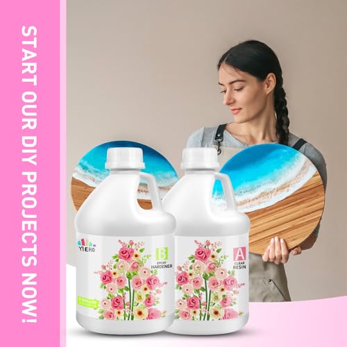YIEHO 2 Gallon Epoxy Resin with Pumps, Crystal Clear Hard Bubble Free Anti Yellowing 2 Part Resin for Coating, Art Crafts, DIY, Jewelry Making 1:1 - size: 2 Gal