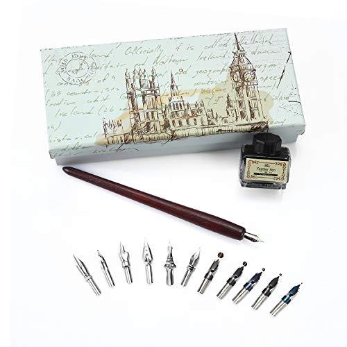 Wooden Quill Pen wiht Ink Set Handcrafted Wooden Callgraphy Pen Writing Dip Ink Pen Gift Set with 11pcs Metal Pen Nibs &Black Ink