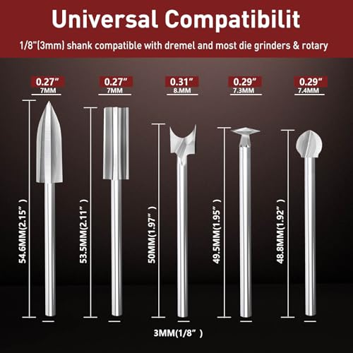 Wood Carving Drill Bits Set Compatible with Dremel Rotary Tool 7 Pcs Engraving Drill Accessories Bit Wood Crafts Grinding Woodworking Tool with 1/8” Shank for DIY Carving Drilling Micro Sculpture
