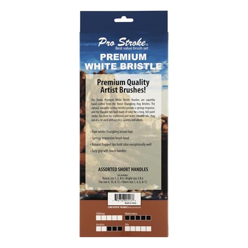 Creative Mark Pro Stroke Premium White Chungking Hog Bristle Artist Paint Brush - Short Handle Set of 12 with Easel Case - Natural Bristle Brush w/Soft Touch Handle for Oils and Acrylics