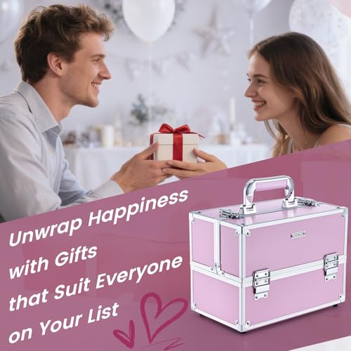 Frenessa Makeup Train Case Large Portable Cosmetic Case - 6 Tier Trays Professional Makeup Storage Organizer Box Make Up Carrier with Lockable keys - Pink - color: Pink