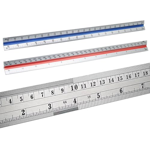 Biaungdo 3 Pack Architectural and Engineer Scale Ruler Set, 12 Inch Aluminum Triangular Drafting Tool, Laser-Etched Architect Scales Ruler for Draftsman, Standard Metal Ruler Included, Color-Coded