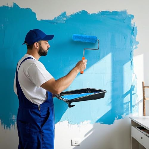 Great Andrew 9 Inch Paint Tray Set, 15-Pack, Plastic Paint Tray with 12 Textured Tray Liners, Paint Brush, Paint Roller and Wire Roller Frame for Painting Walls, Ceilings, Trim, Siding - size: 15 Pack Liners Kit, 9 In