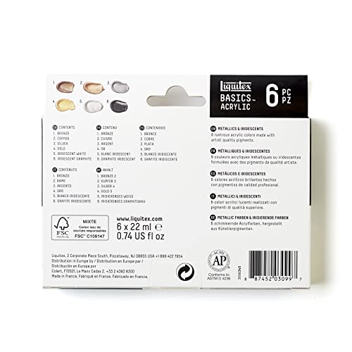 Liquitex BASICS Acrylic Paint Set, 6 x 22ml (0.74-oz) Tube Paint Set, Metallic & Iridescent - style: Metallic 6 x 22ml (0.74oz)