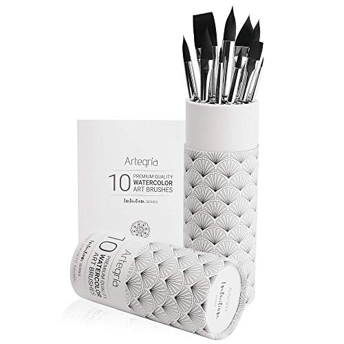 ARTEGRIA Watercolor Brush Set, 10 Professional Soft Synthetic Squirrel Paint Brushes, Including Pointed Rounds, Flats, Dagger, Oval Wash - color: Black - 10pcs