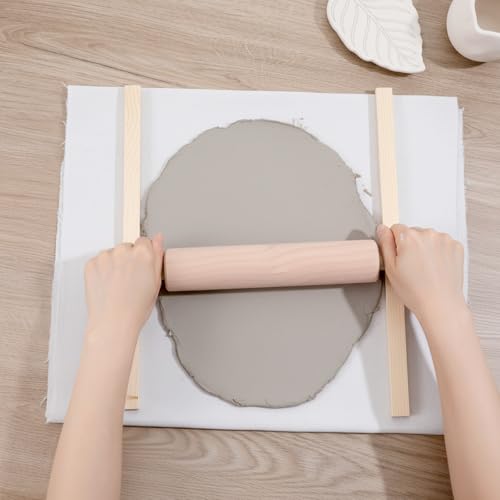 mekueeex 12 Pcs Polymer Clay Tools Set with Bamboo Clay Rolling Pin, 5-Size Guide Rails & Linen Mat - Essential Pottery Tools and Supplies for Sculpting, Pottery Wheel & DIY Crafts