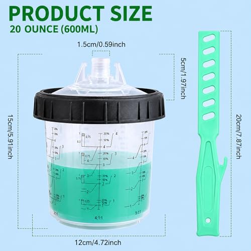 Disposable Paint Spray Gun Cups for Automotive Paint Gun, Paint Mixing Cups 20 Ounce Kit - 50 Pack Paint Cups with Lids,2 Hard Cups with 2 Retainer Rings,1 Paint Gun Adapter and 1 Paint Stirrer - size: 20 ounce