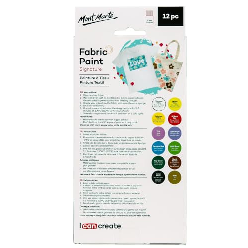 Mont Marte Signature Fabric Paint, 12pc x 0.7oz (20ml), Suitable for DIY Fashion and Homewares - color: 12 colors