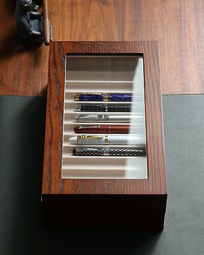 Pen Display Case with 24 Slots - Fountain Pen Storage Organizer with Glass Window (Brown Ash Veneer Finish, Creamy-White Velvet) - color: brown 24 slots, white velvet