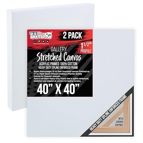 U.S. Art Supply Square Stretched Canvas for Painting 40x40 inch Gallery Depth 1-1/2" Thick, 2-Pack - 17oz Acrylic Gesso Triple Primed, Professional Artist Quality, 100% Cotton - Oil, Pouring Paint - size: 40" x 40"