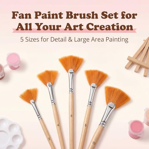 5 Pcs Fan Brush for Painting, Artist Fan Paint Brushes Set Anti-Shedding Acrylic Paint Brushes Long Wood Handle Painting Brush for Acrylic Oil Watercolor Gouche