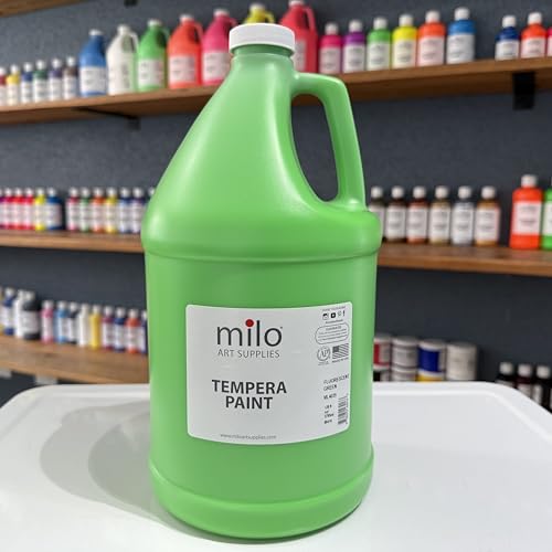 milo Fluorescent Green Neon Tempera Paint | 128 oz Bottle, 1 Gallon | Glows UV in Black Light | Non-Toxic Made in USA | Washable Bulk Art Paint for Party, Student, Classroom, Artist - color: Fluorescent Green