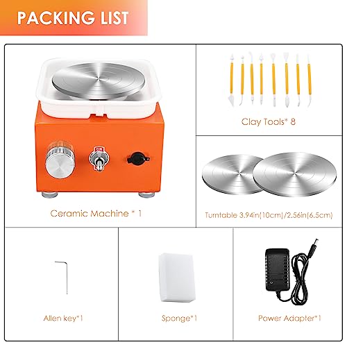 Mini Pottery Wheel Machine for Adults & Beginners, 2 Turntables (3.94" & 2.56") | 0-2000 RPM Adjustable Speed Pottery Machine Removable Splash Tray Ceramic Making Kit Includes 8 Sculpting Tools - color: Orange