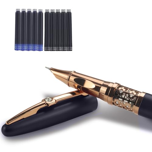 YUNCHUN Refillable Fountain Pen Fine Nib, Fancy Ink Pen with 10 Black & 10 Blue Ink Refills Cartridges, Cool Ink Pens for Writing, Business Metal, Best Gift Set for Men & Women, Blcak - color: Black, style: Fine Point