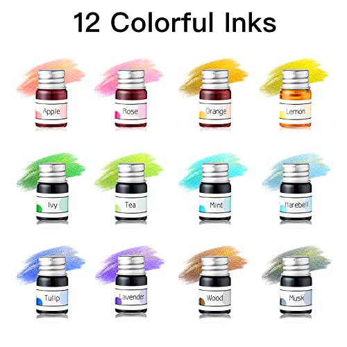ESSSHOP Glass Dip Pen Calligraphy Fountain Pen Set - 12 Colors Ink Glass Washing Cup Pen Holder Handmade Rainbow Crystal Glass Ink Pen for Art Writing Drawing Signatures Christmas Gifts