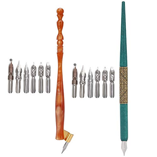 Calligraphy Oblique Nib Pen Point Holder, English Calligraphy Pen Nib Holder Antique Copperplate Script Handed Dip Pen + 6 Flat Nibs(2)