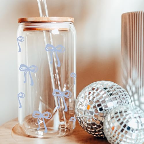 BIPEDS Coquette Cute Dusty Blue Bow Glass Cups with Lids and Straws, Aesthetic Iced Coffee Cup Girly Preppy Tumbler Mug, Christmas Valentines Birthday Gifts for Women, Teen Girl Gifts Trendy Stuff - color: 07-Bow-Dusty Blue