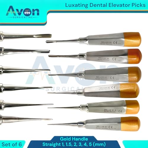 Set of 6pcs Apical Root Tooth Extraction Elevators 1mm, 1.5mm, 2mm, 3mm, 4mm, 5mm (Straight Tip) - Autoclave-Safe German Stainless Steel