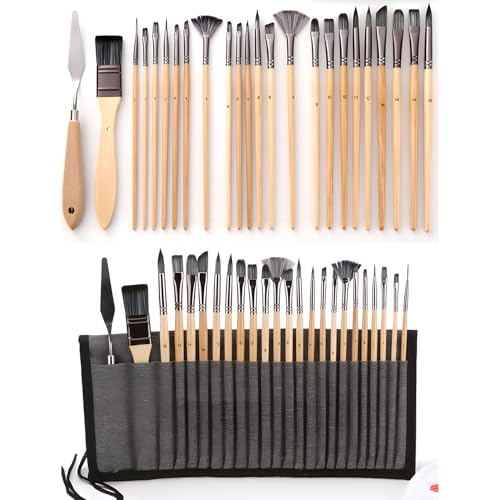 24pcs Paint Brush Set, Expert Series, 23 Different Shapes + Mixing Knife with Cloth Roll Case, Enhanced Synthetic Painting Brushes Set for Acrylic, Watercolor, Oil, Gouache (Yellow) - color: Yellow