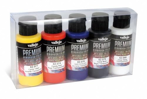 Vallejo - Premium Color Set Candy Colors | Water-Based Multi-Surface Pigments | Transparent Finish | Acrylic Professional Airbrushing Kit | 5 Bottles x 60 ml. (2.02 fl.oz.) - style: Transparent