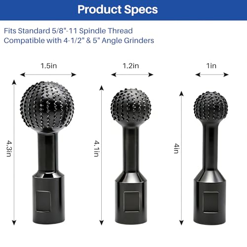 3PCS Sphere Rotary Burr Set, 5/8”-11 Thread Ball Carving Heads for 4-1/2” & 5” Angle Grinders, Carbon Steel Wood Shaping Tools for Hollowing, Engraving, Deburring & Polishing