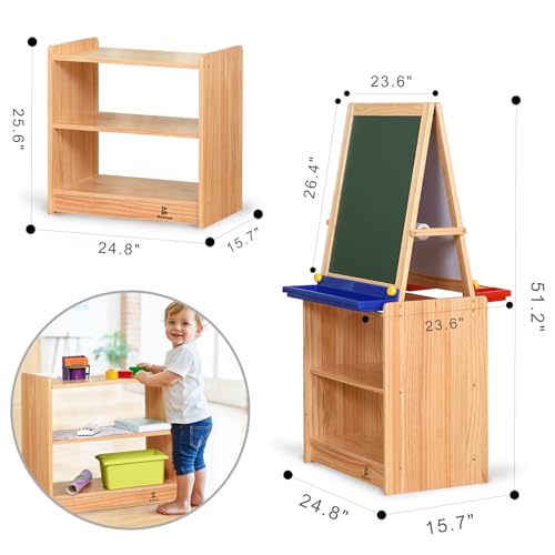 Dual-Sided Magnetic Art Easel, Wooden Activity Station w/ 2-Tier Storage Cabinet, Art Center for Toddlers, Classroom Whiteboard & Chalkboard
