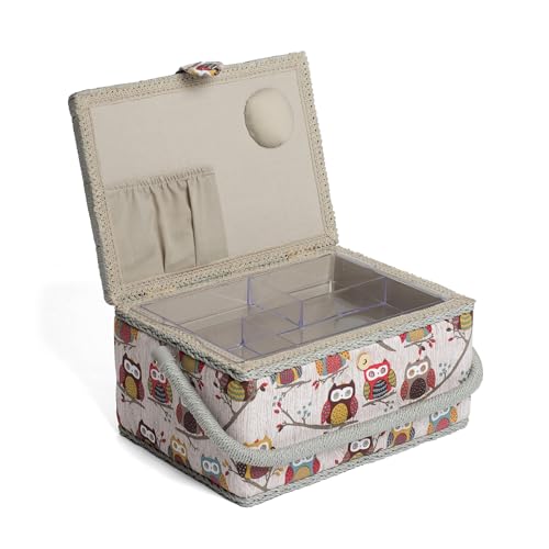 Hobby Gift Medium Sewing Box Organiser, Fabric Covered Storage Box with Handle, Internal Tray, Pin Cushion and Pocket for Sewing, Quilting and Knitting Supplies - color: Hoot