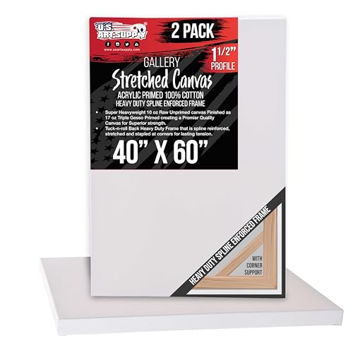 U.S. Art Supply Rectangle Stretched Canvas for Painting 40x60 inch Gallery Depth 1-1/2" Thick, 2-Pack - 17oz Acrylic Gesso Triple Primed, Professional Artist Quality, 100% Cotton - Oil, Pouring Paint - size: 40" x 60"