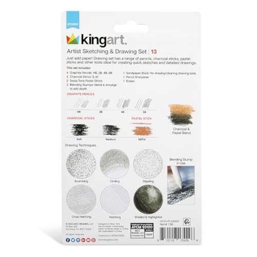 KINGART 13-Piece Sketching & Drawing Set – Complete Artist Kit with Graphite, Charcoal & Pastel Pencils, Blending Tools & Eraser in Portable Case – Art Supplies for Beginners & Professional Artists