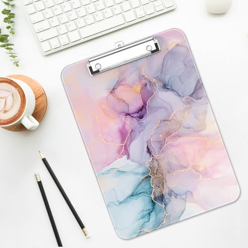 Plastic Cute Clipboard Low-Profile Metal Clip, A4 Letter Size 9 x 12.5 in, 8.5 x 11 Paper Clip Board for Teachers, Nurses, Classroom,Pink Dream Marble - color: Pink Dream Marble