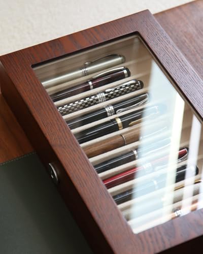 Fountain Pen Display Case with 12 Pens, Wood Pen Display Box, Lockable Pen Storage Box with Glass Top, Pen Box Organizer, Pen Collection Display Case (Brown with White Velvet) - color: Brown 12 Slots, White Velvet