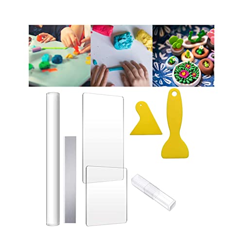 11 Pieces Acrylic Clay Roller Set Clay DIY Tool Rolling Pin Clay Cutter Acrylic Sheet Backing Board Stainless Steel Accessories Suitable for H, 7Pcs, 15cmx10cm