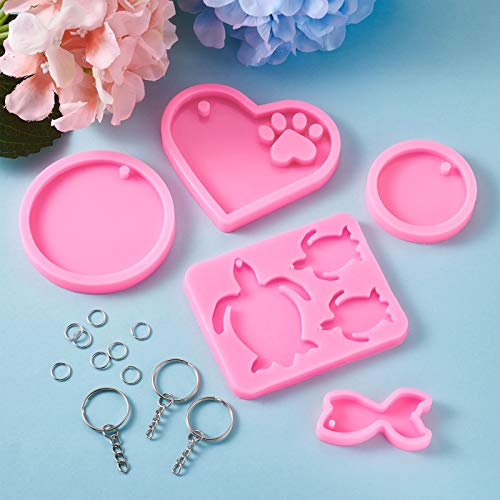 Craftdady 5pcs Key Chain Pendant Silicone Molds Flat Round Turtle Heart Mermaid Fishtail Resin Casting Molds with Key Rings Jump Rings for Keychain Jewelry Craft Making - color: Pink,Keychain,5pcs
