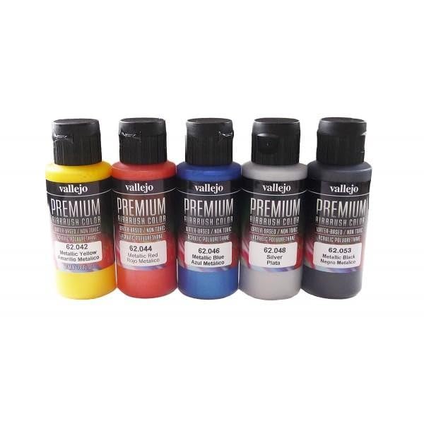 Vallejo - Premium Color Set Metallic Colors | Water-Based Multi-Surface Pigments | Different Metal Color Finishes | Acrylic Professional Airbrushing Kit | 5 Bottles x 60 ml. (2.02 fl.oz.) - style: Metallic