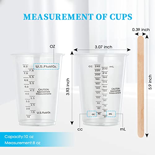 200 PACK Plastic Measuring Cups, 8 oz Disposable Mixing Cups with 100 Wooden Mixing Sticks, Can Be Used for Epoxy Resin, Liquid Measuring, Paint, Cooking and Baking