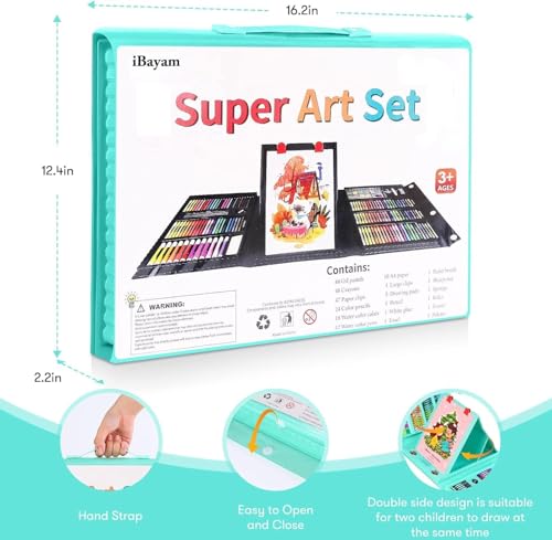 iBayam Art Supplies for Adult, Art Set Case with Trifold Easel, Scratch Paper, Sketch Pad, Coloring Book, Crayons, Pencils, Oil Pastels, Watercolors, Sharpener - color: Green