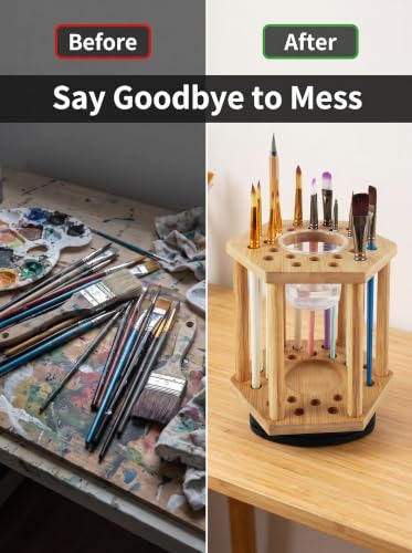 Paint Brush Holder Bamboo Paint Brush Holder,Rotating Watercolor Paint BrushHolder Display Stand and Organizer with 24Holes and 1 Big Hole for Desk, Arts and Crafts (1PCS)