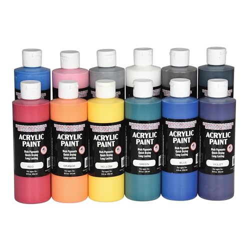 Constructive Playthings Acrylic Paint Set – 12 Vibrant 8 oz Bottles Made in the USA – Thick, Rich Pigment for Rock Painting, Pouring, Fluid Art & Canvas Painting