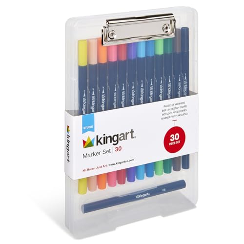 KINGART Studio Marker Set with Drawing Board Case, 30 Pcs, Twin-Tip Markers, Drawing Board with 16 Sheets